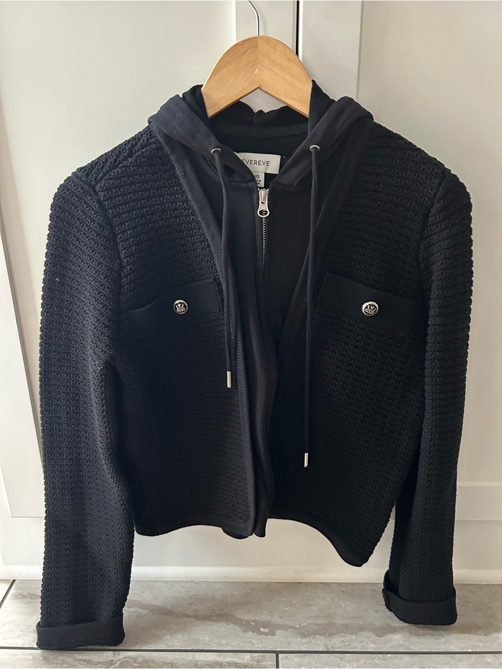 Evereve Black Textured Knit Hooded Zip Jacket